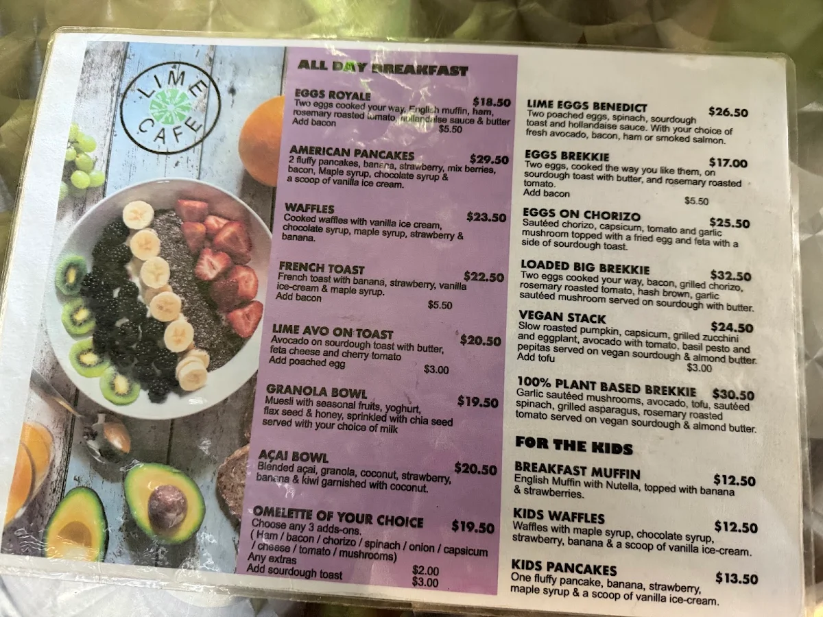 Menu, Lime Cafe