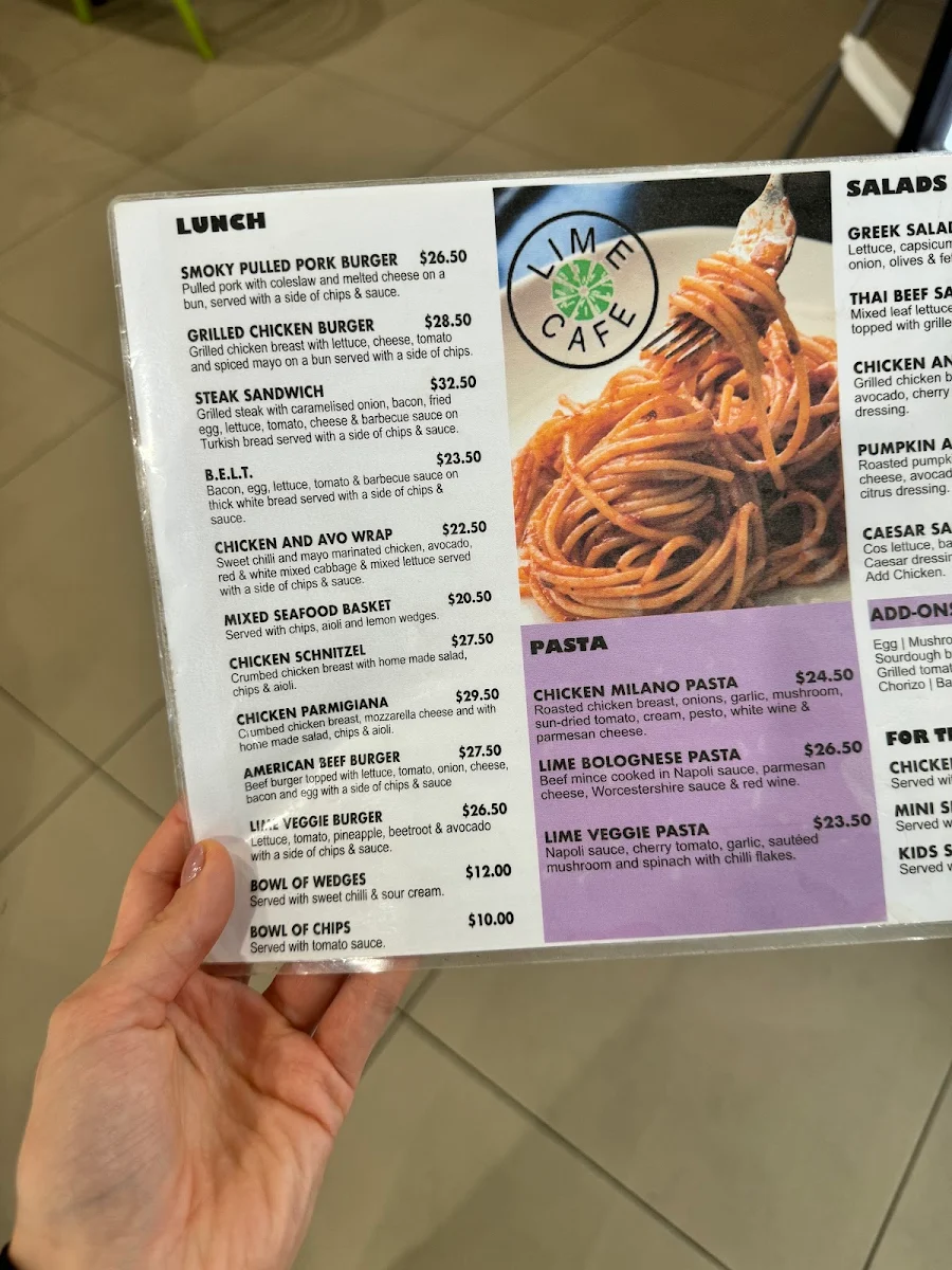Menu, Lime Cafe