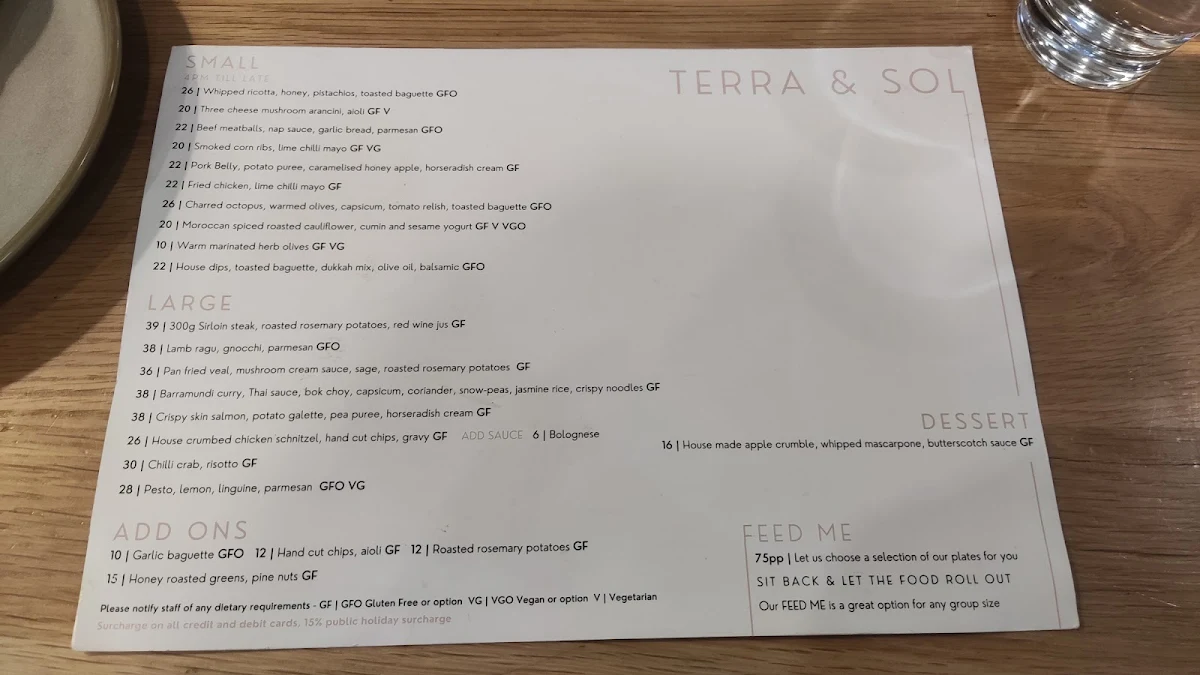 Menu, Terra & Sol