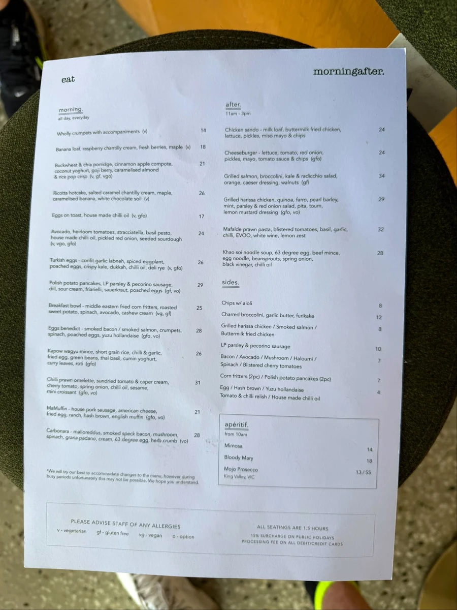 Menu, Morning After.