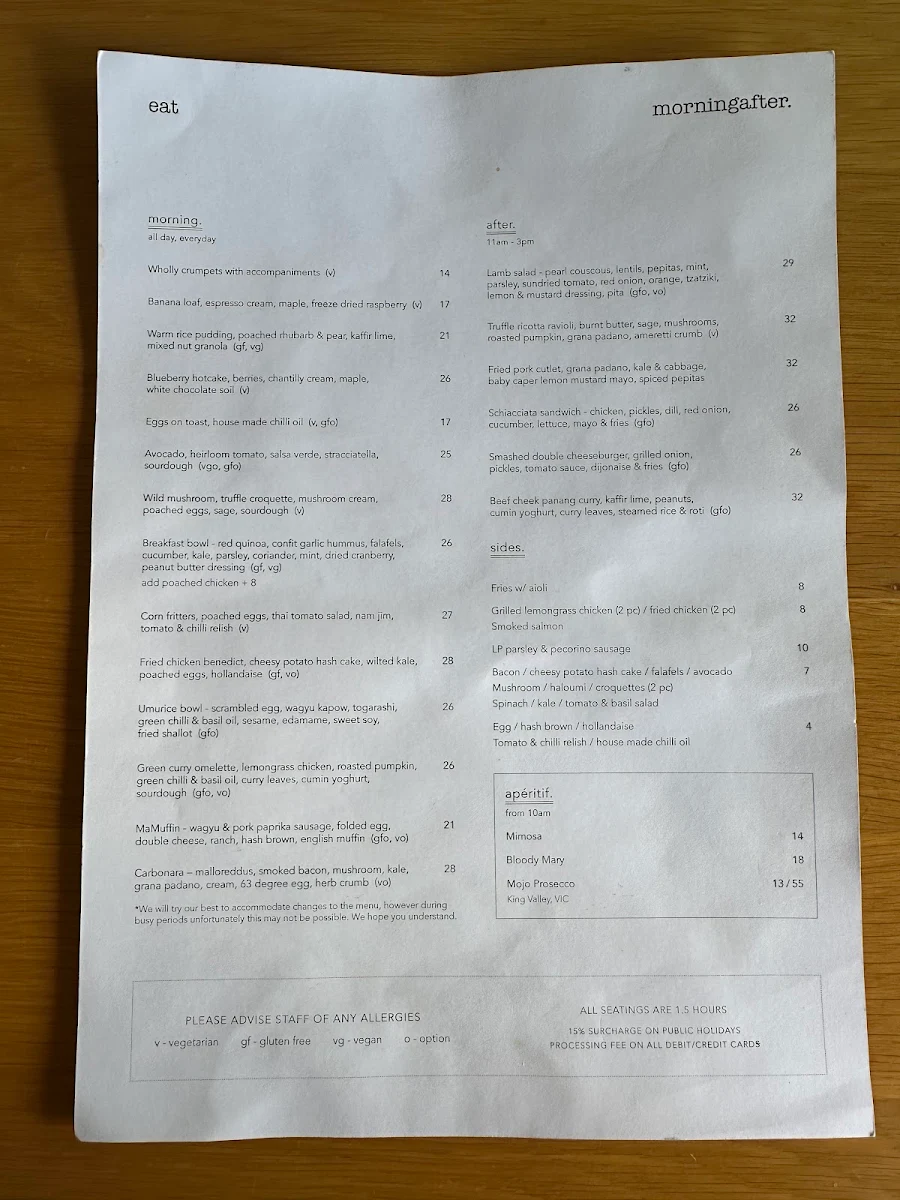 Menu, Morning After.