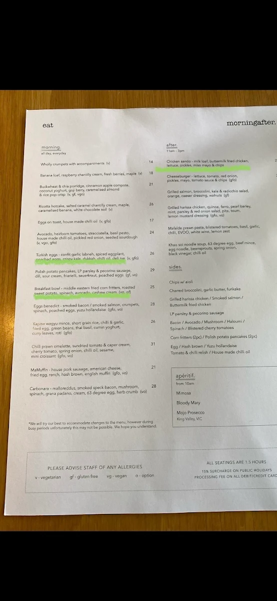 Menu, Morning After.