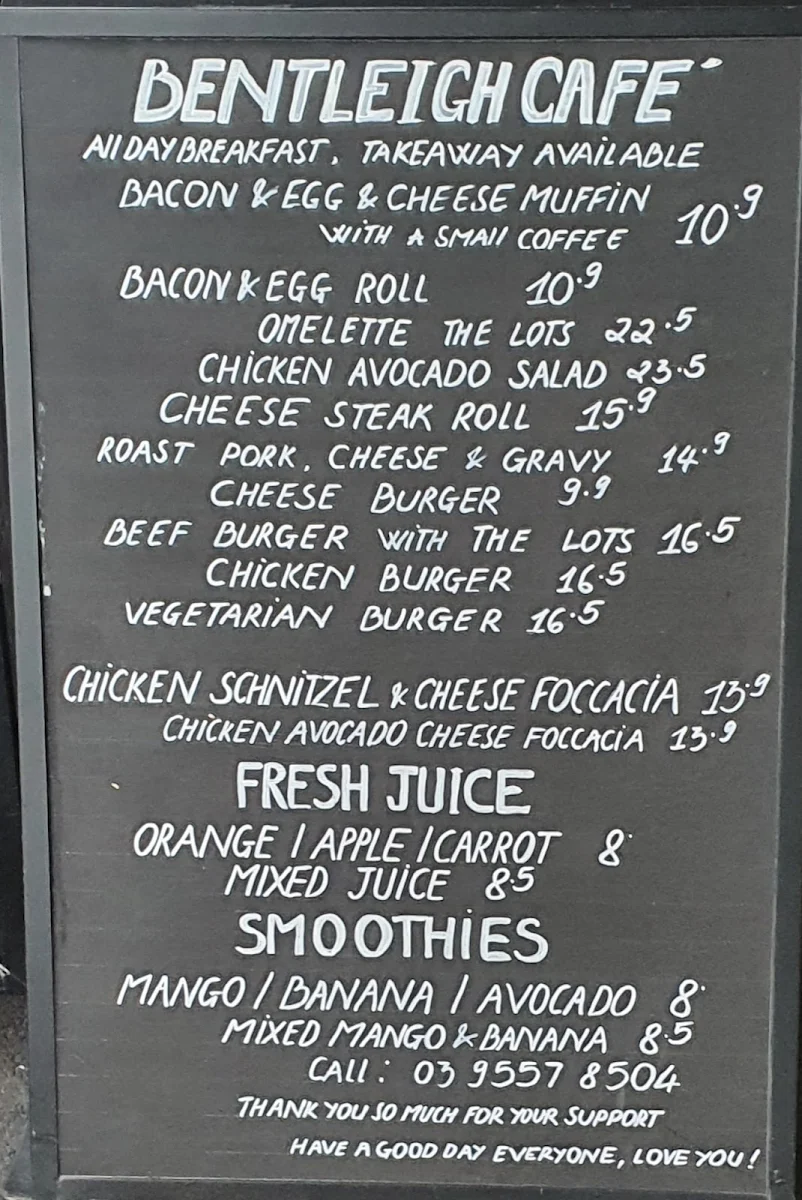 Menu, Bentleigh Cafe