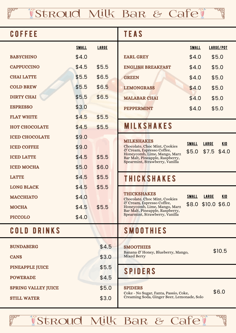 Menu, Stroud Milkbar & Cafe