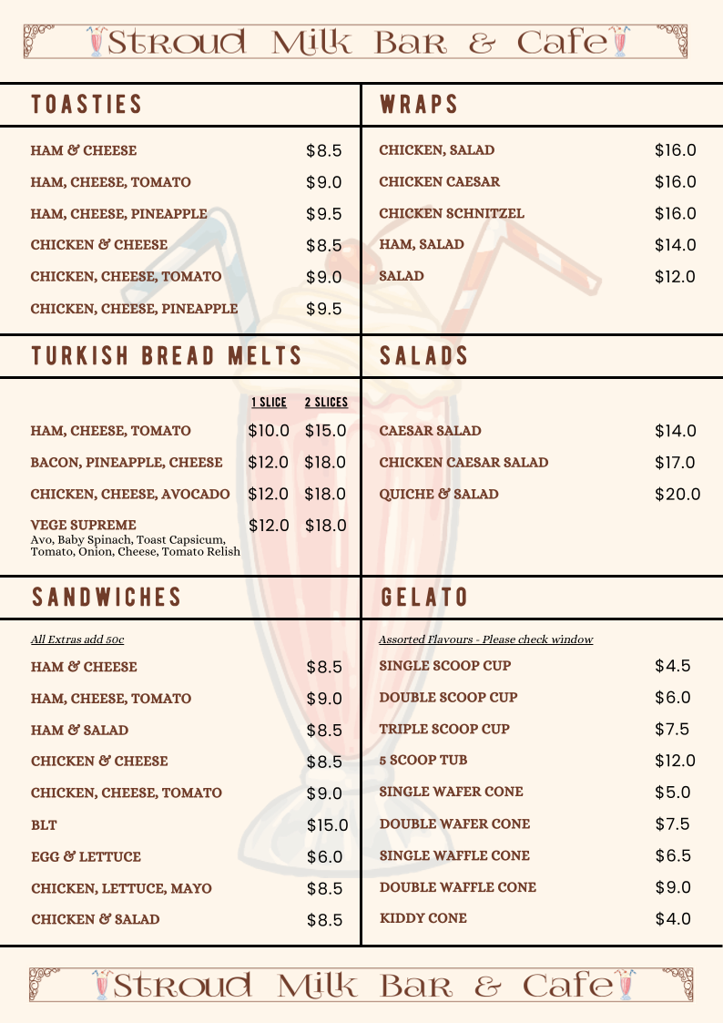 Menu, Stroud Milkbar & Cafe