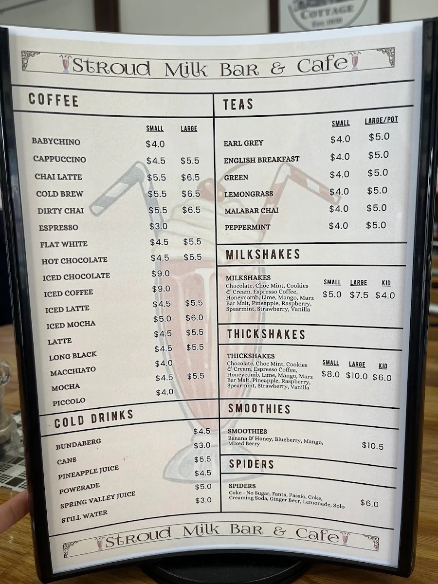 Menu, Stroud Milkbar & Cafe