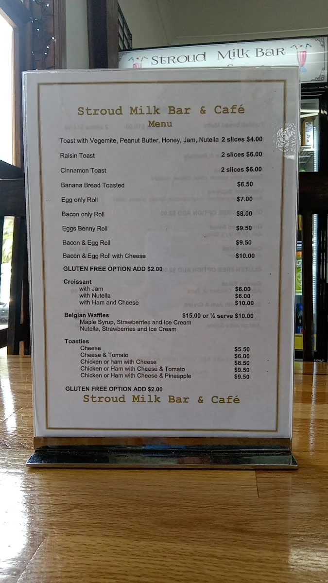 Menu, Stroud Milkbar & Cafe