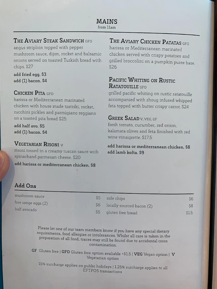Menu, The Aviary Cafe Bar
