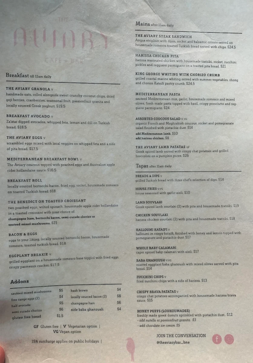 Menu, The Aviary Cafe Bar