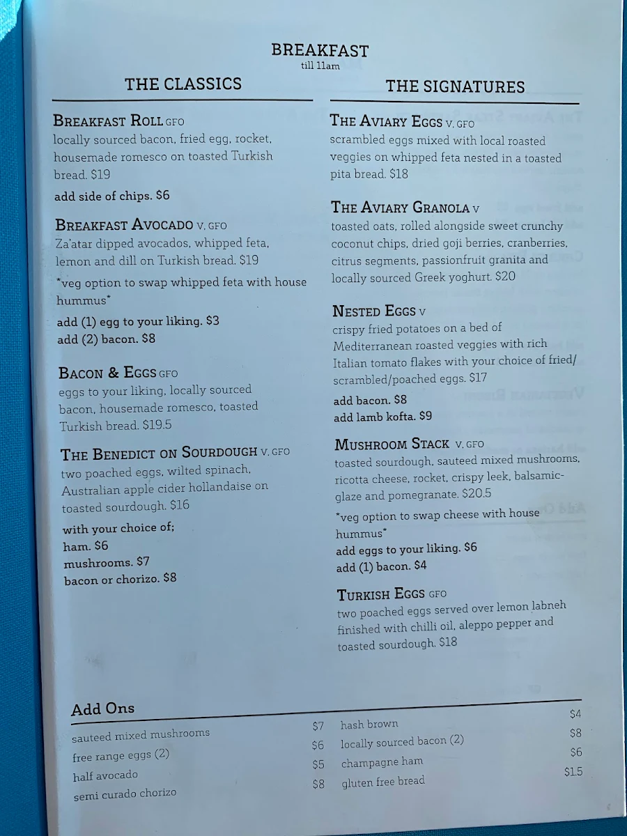 Menu, The Aviary Cafe Bar