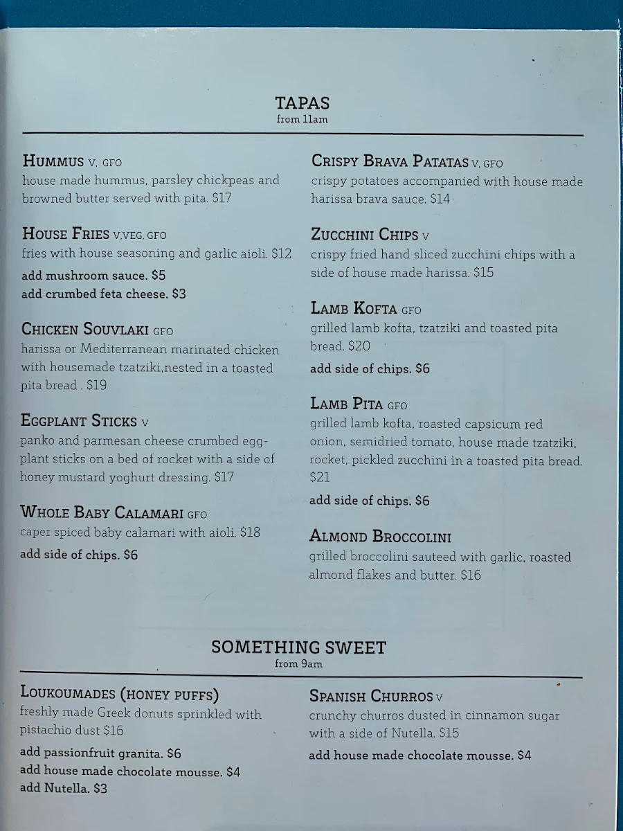 Menu, The Aviary Cafe Bar
