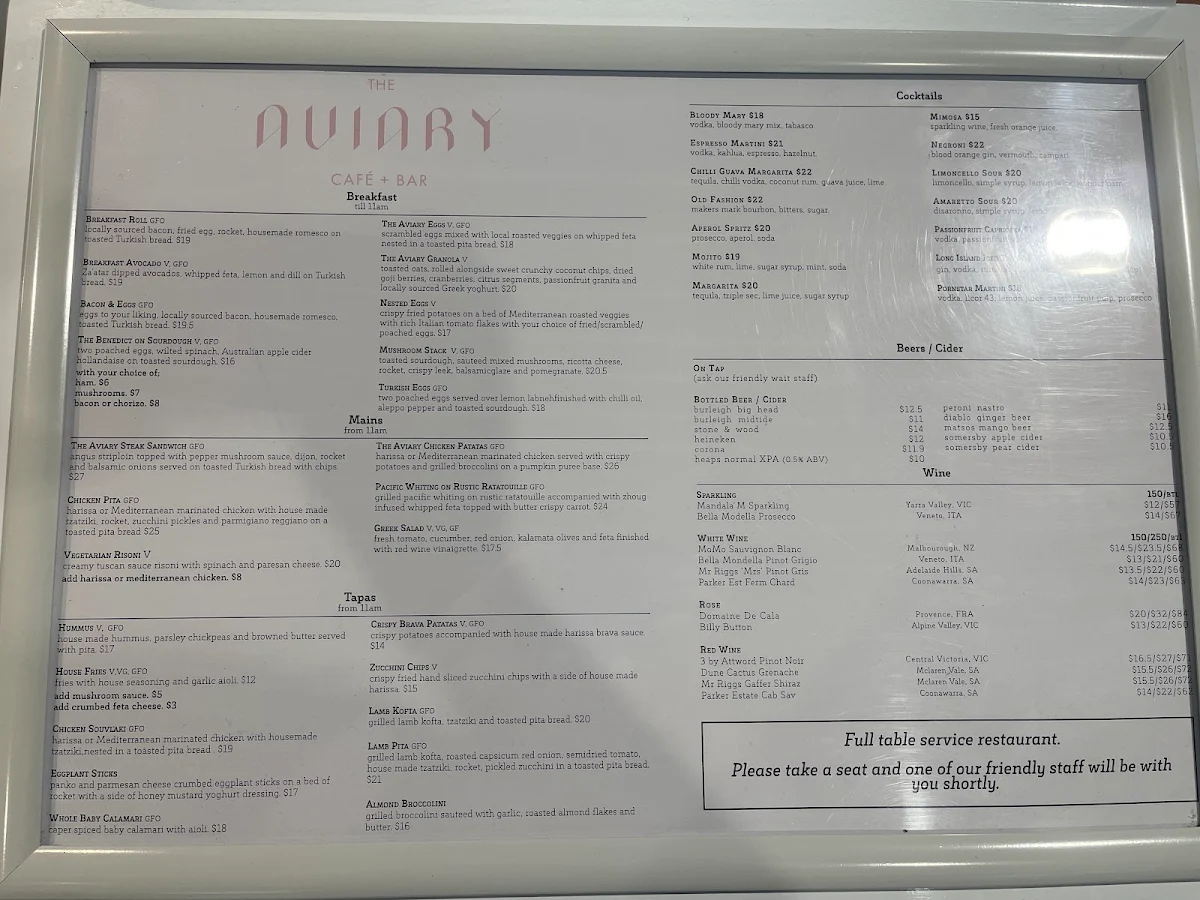 Menu, The Aviary Cafe Bar