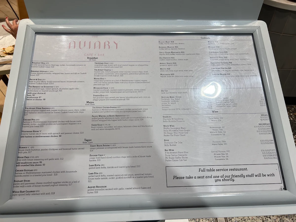 Menu, The Aviary Cafe Bar