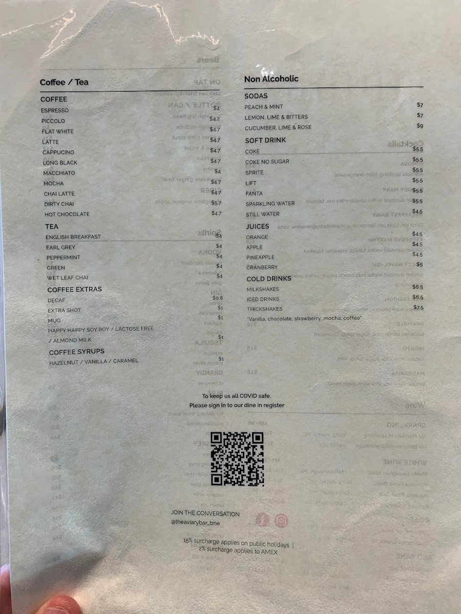 Menu, The Aviary Cafe Bar