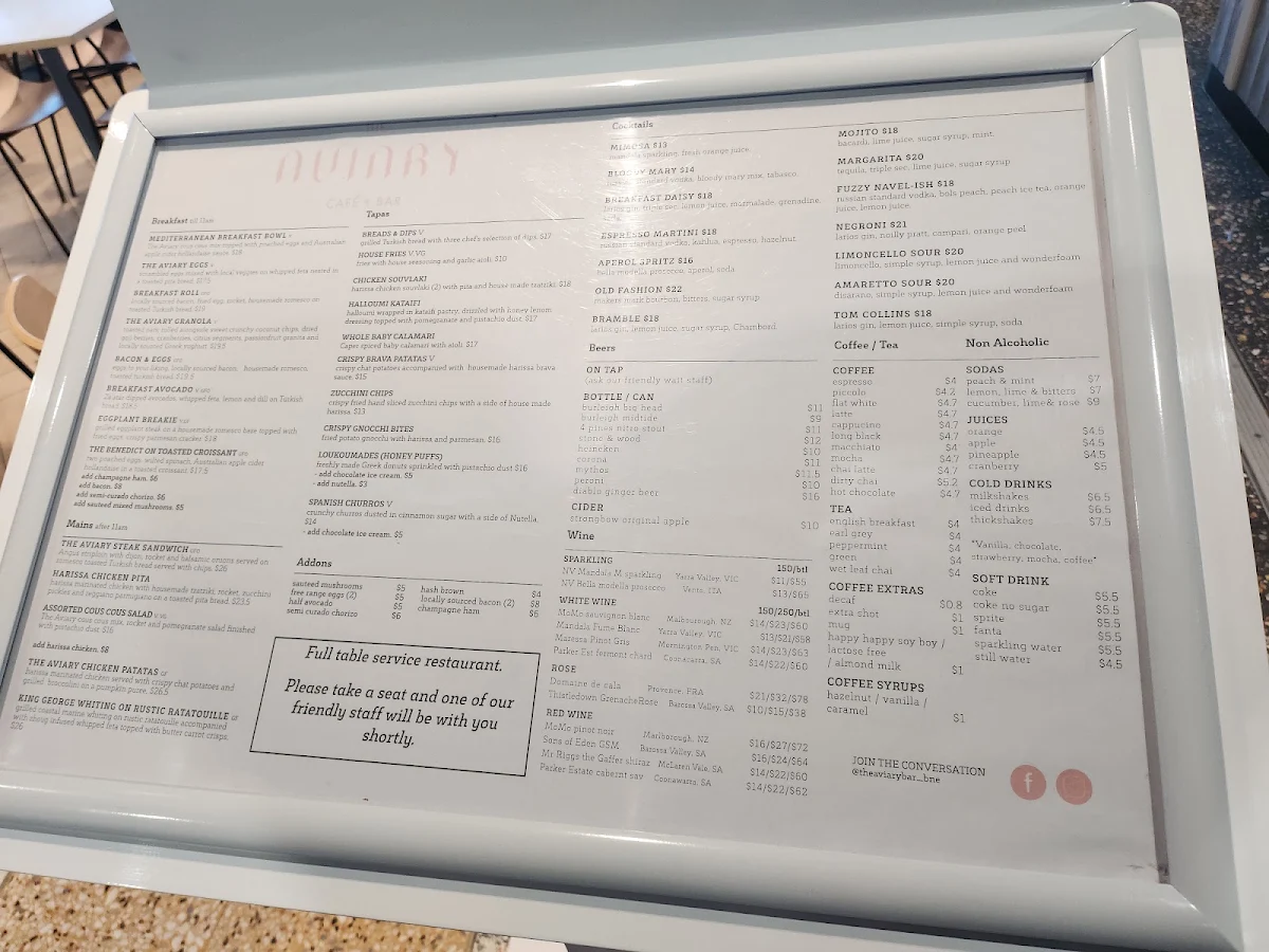 Menu, The Aviary Cafe Bar