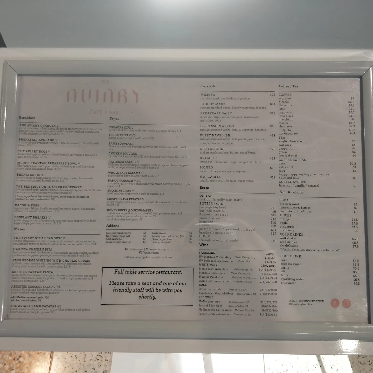 Menu, The Aviary Cafe Bar