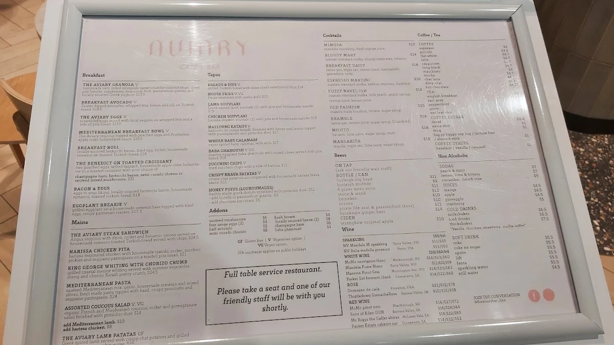 Menu, The Aviary Cafe Bar