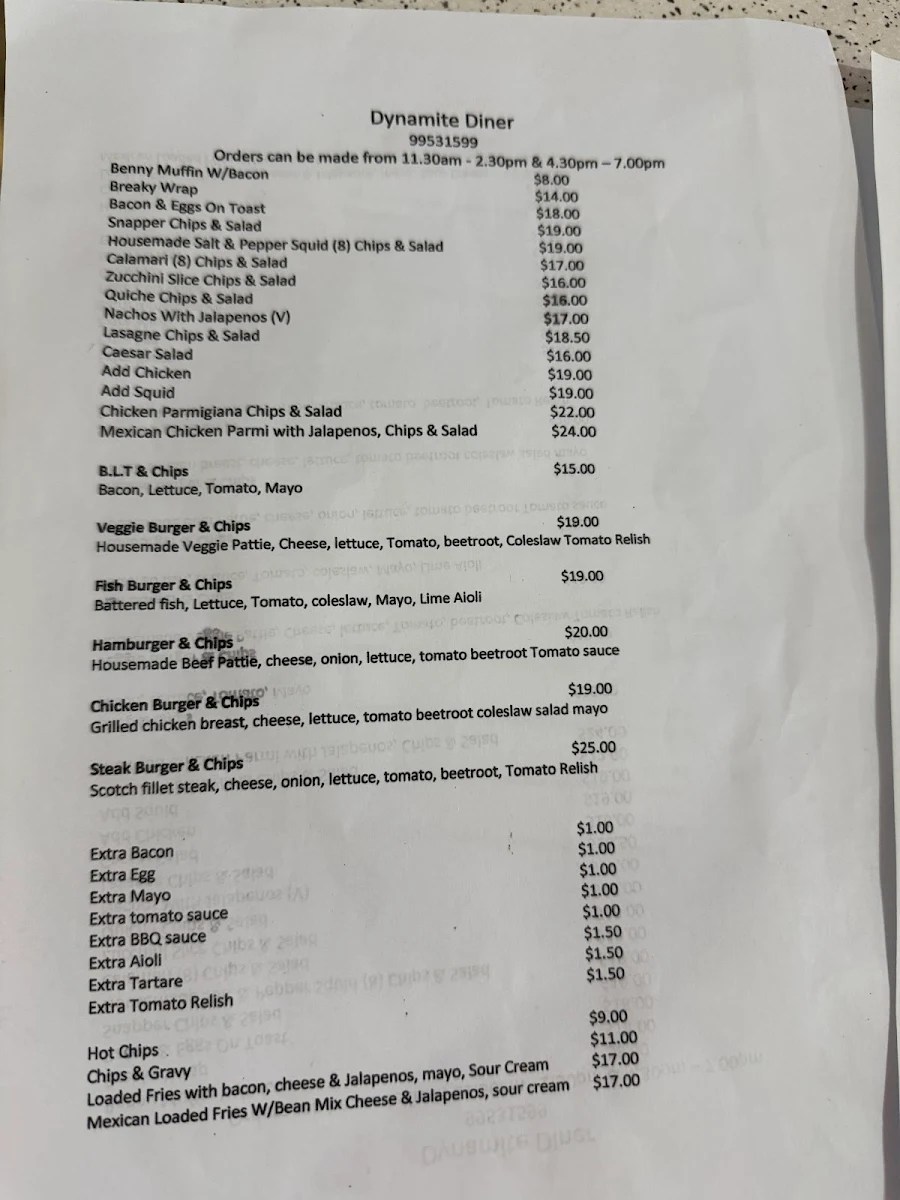 Menu, Dynamite Diner