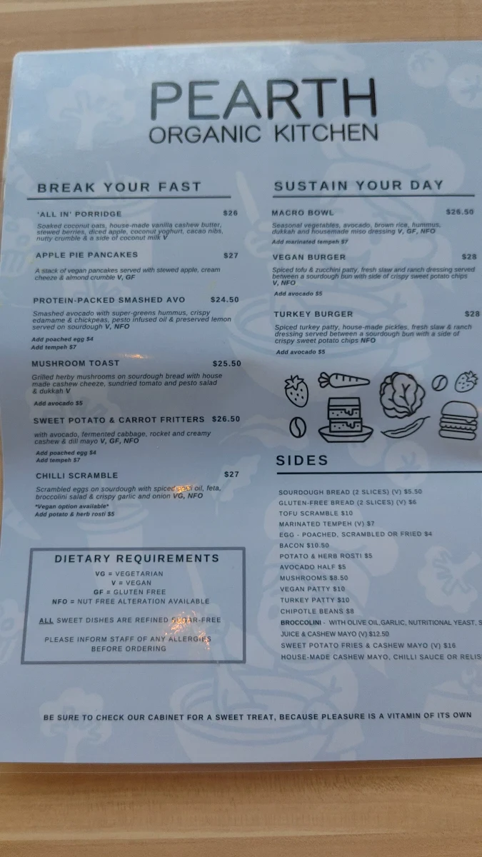 Menu, Pearth Organic Kitchen