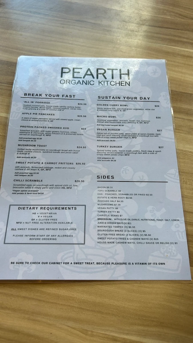 Menu, Pearth Organic Kitchen