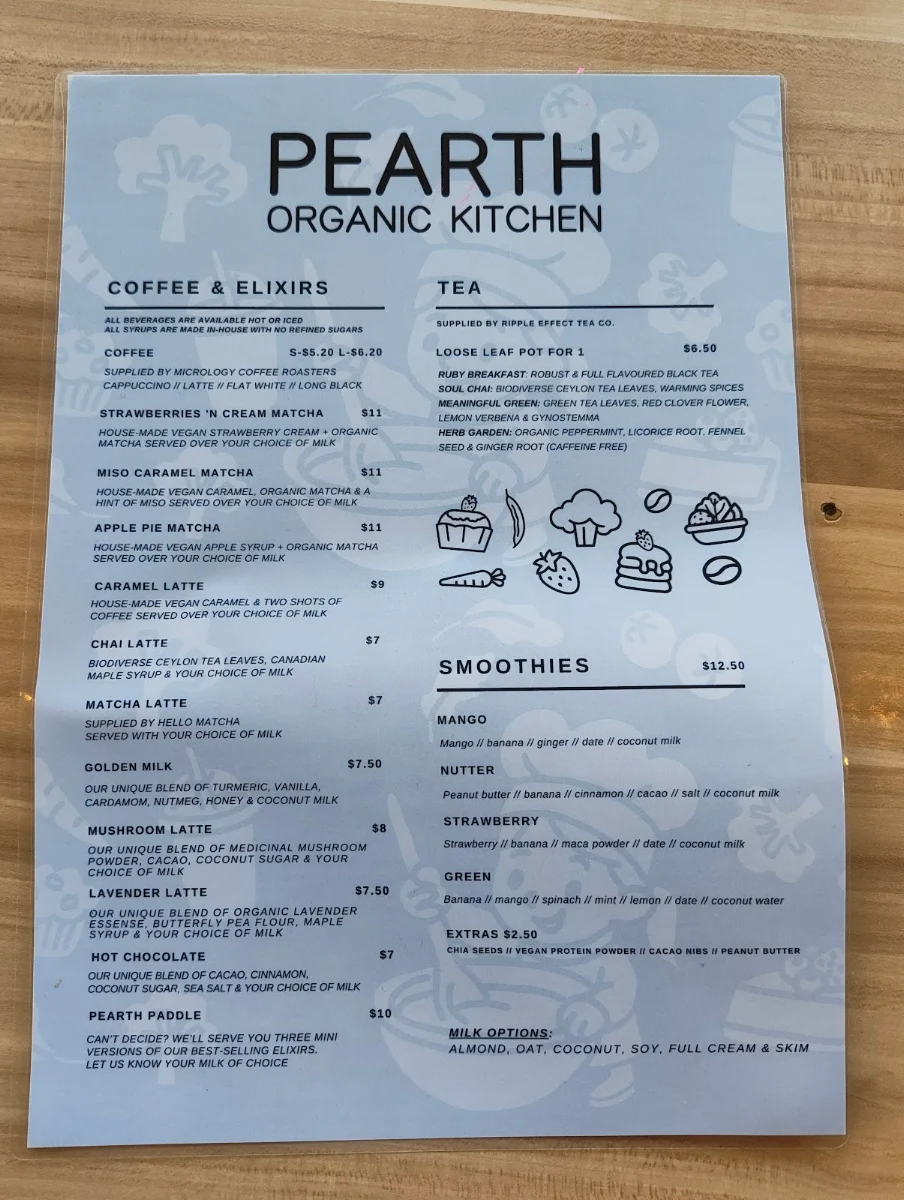 Menu, Pearth Organic Kitchen