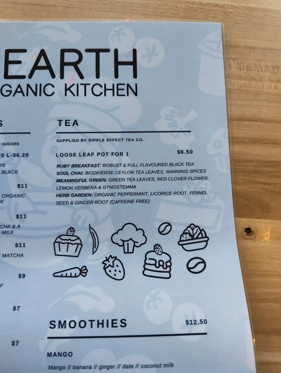 Menu, Pearth Organic Kitchen