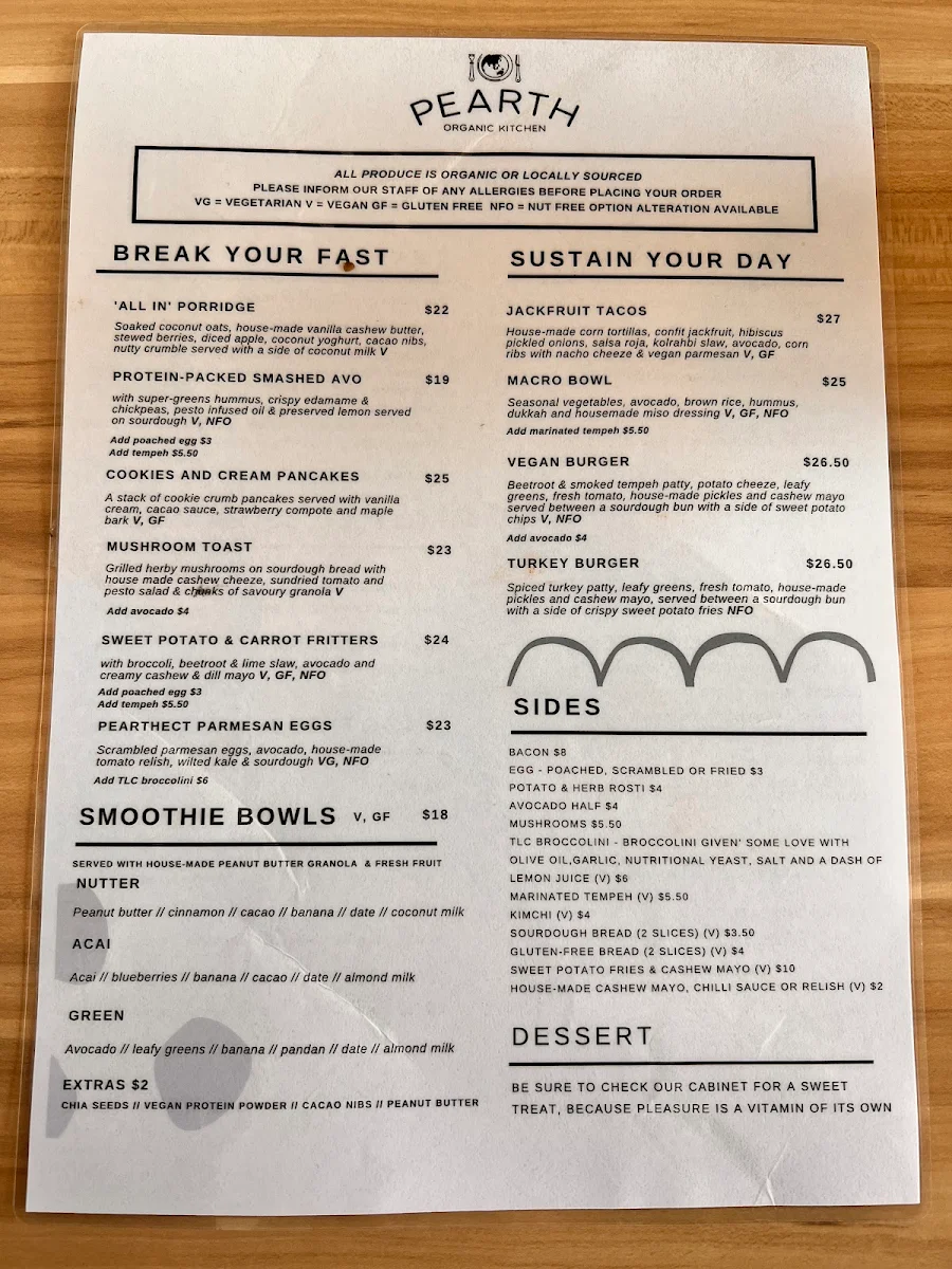 Menu, Pearth Organic Kitchen