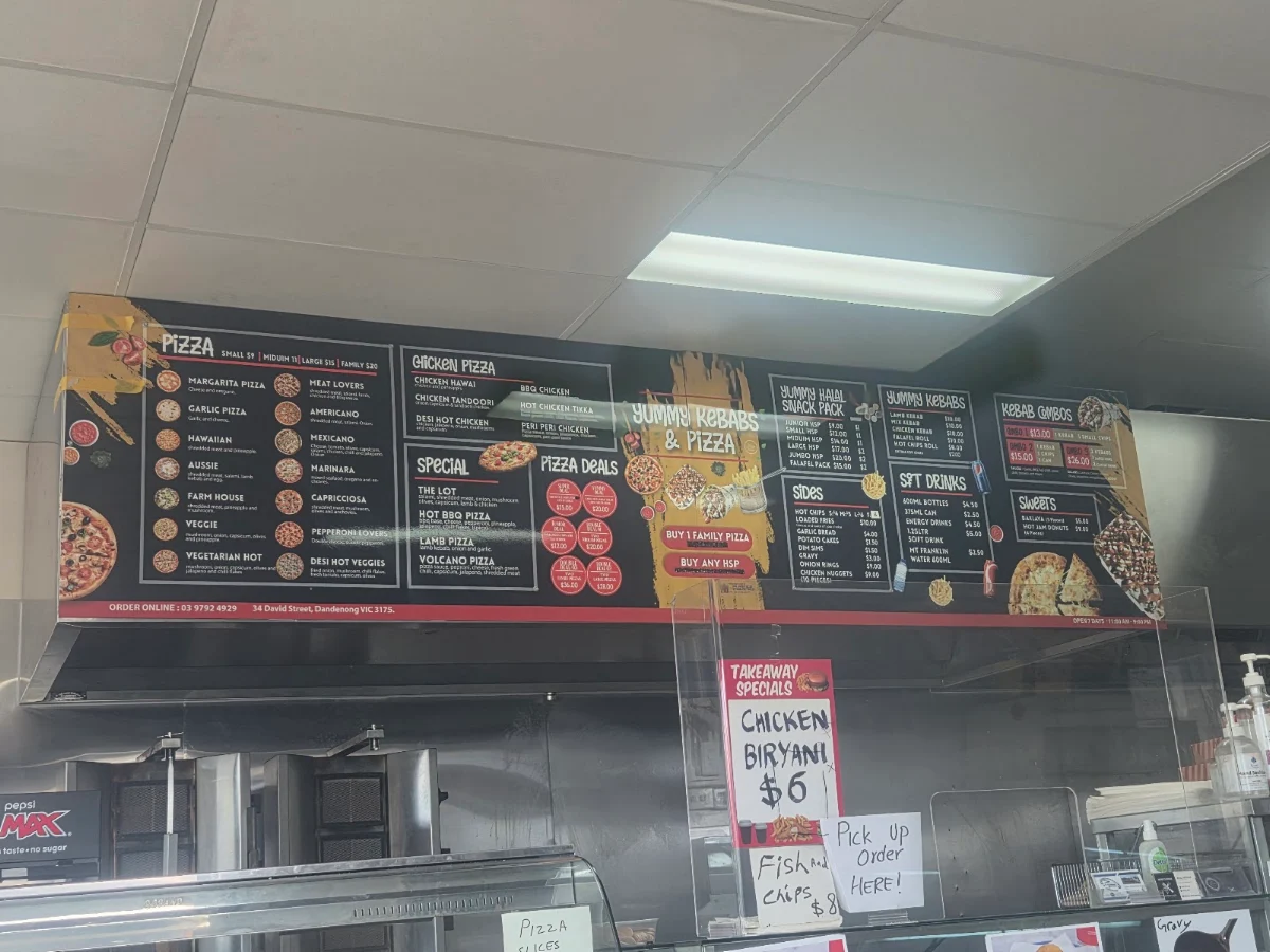 Menu, Yummy Kebabs and Pizza