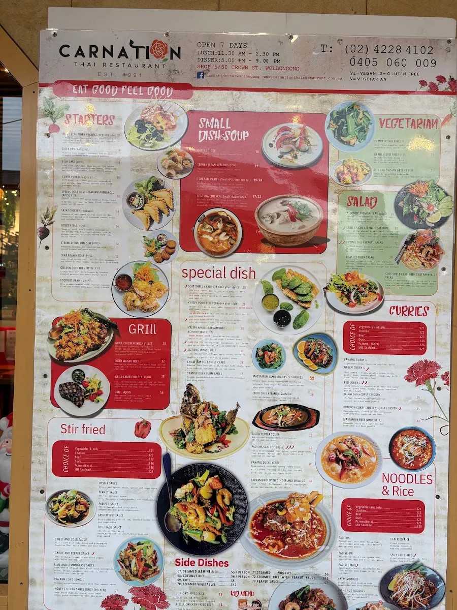 Menu, Carnation Thai Restaurant Wollongong
