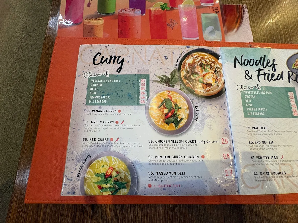 Menu, Carnation Thai Restaurant Wollongong