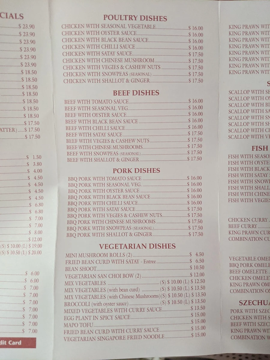 Menu, Ming's Warrandyte Chinese Restaurant