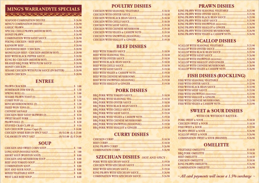 Menu, Ming's Warrandyte Chinese Restaurant