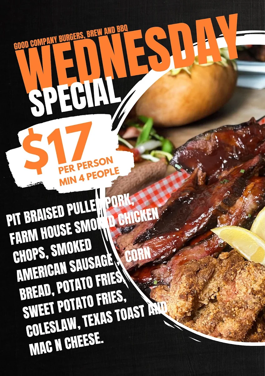 Menu, Good Company: Burgers, Brew and BBQ