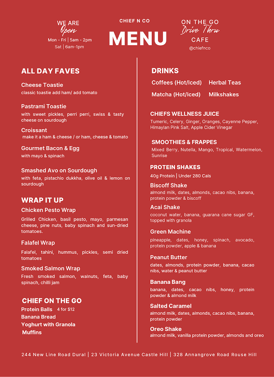 Menu, Chief n Co Rouse Hill
