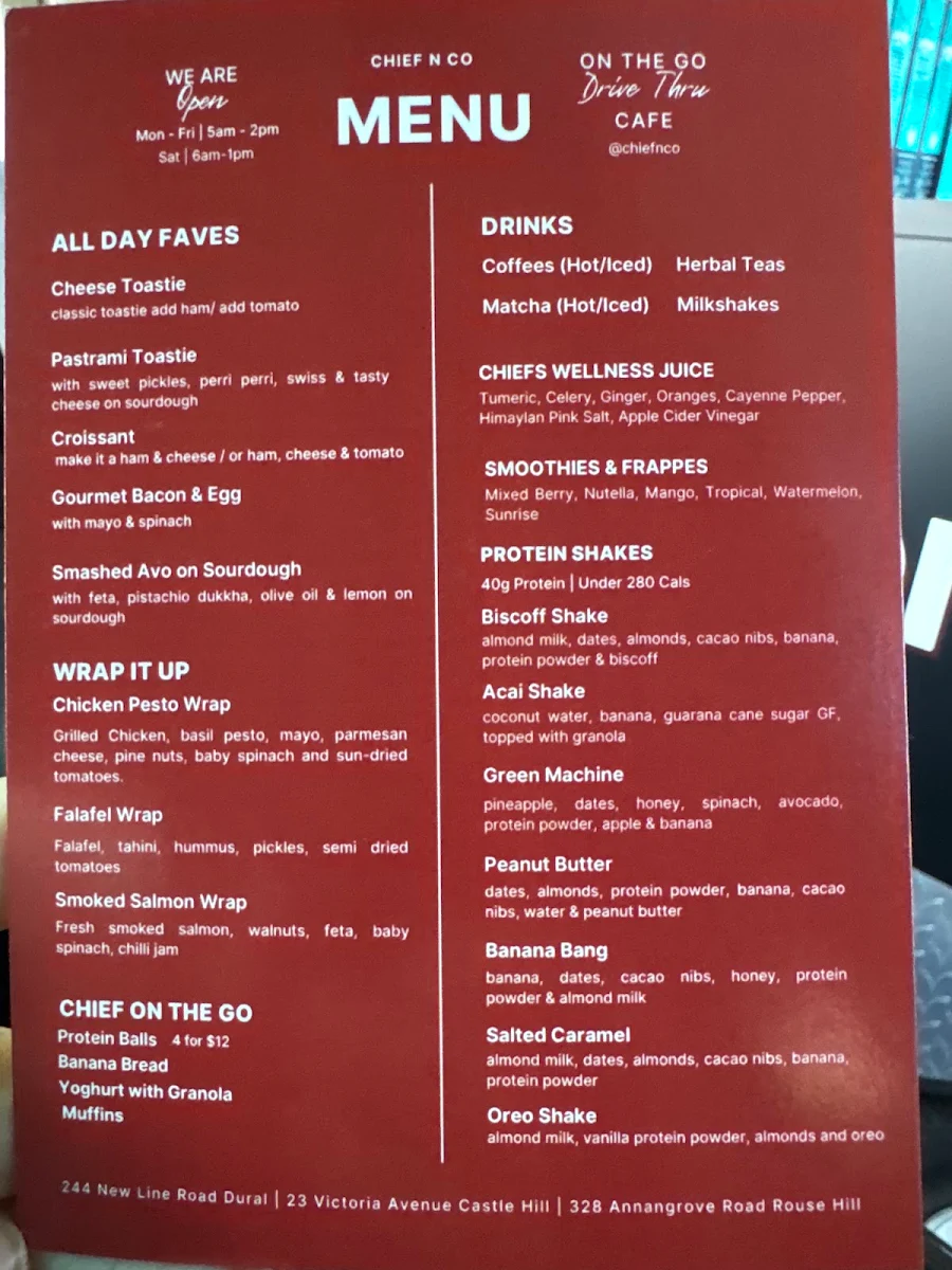 Menu, Chief n Co Rouse Hill