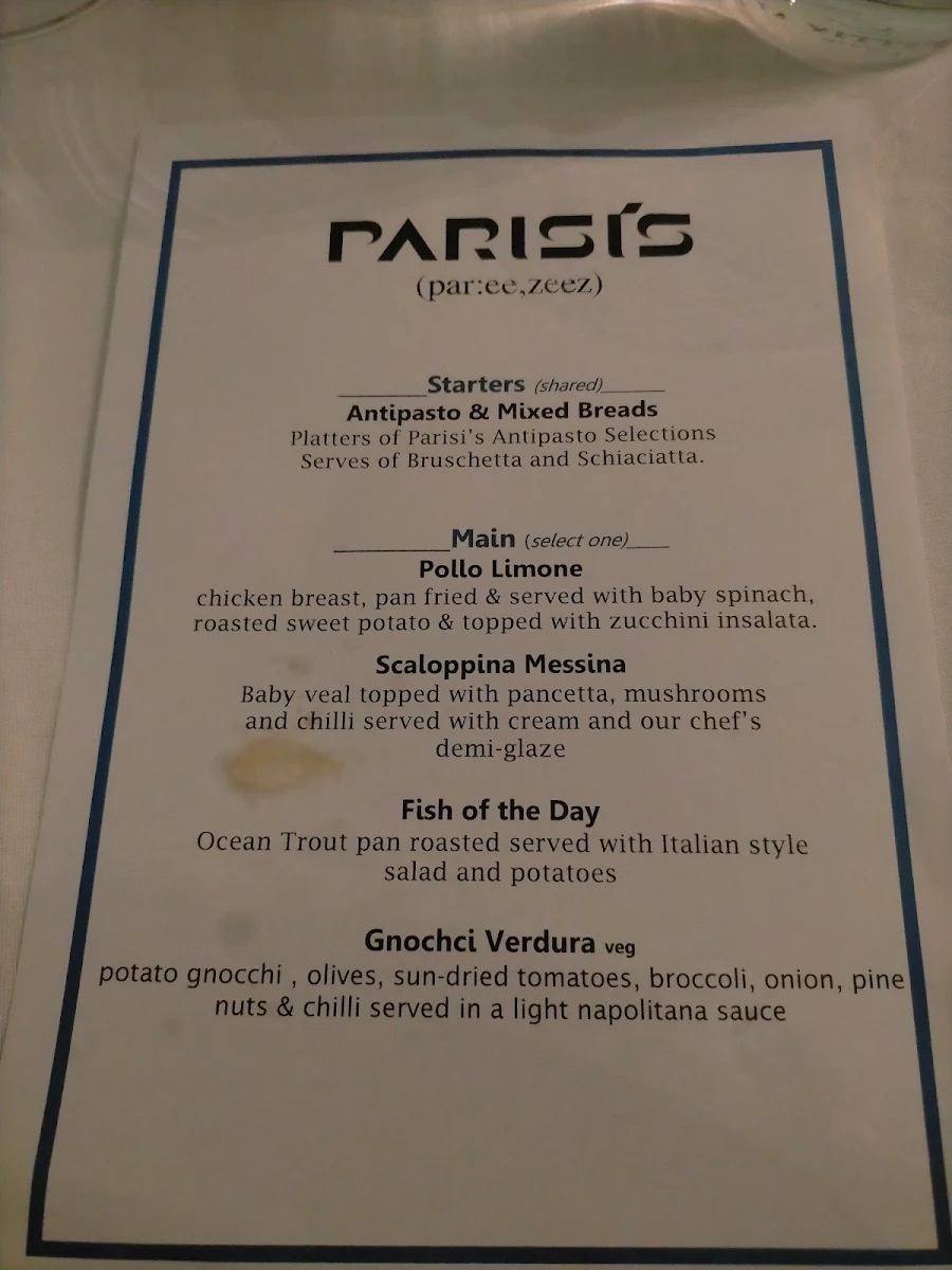 Menu, Parisi's Restaurant