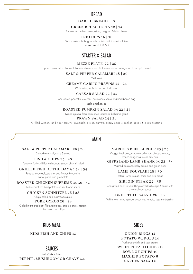 Menu, MEZA Bar and Grill