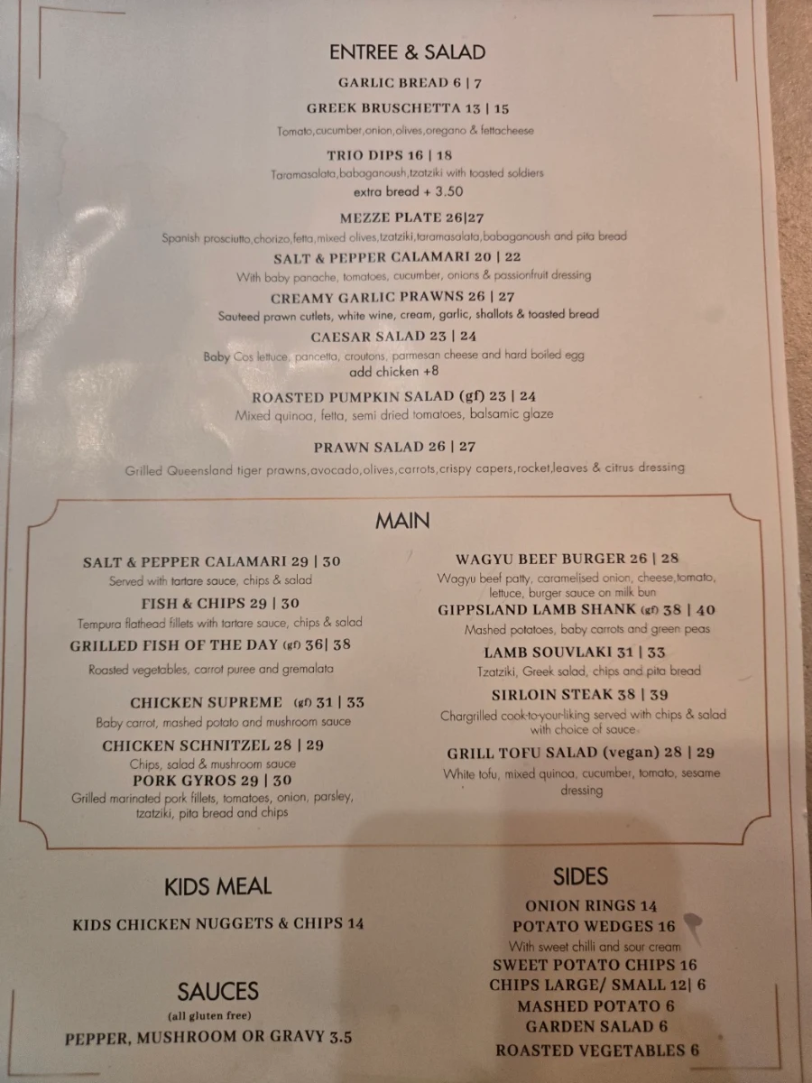 Menu, MEZA Bar and Grill