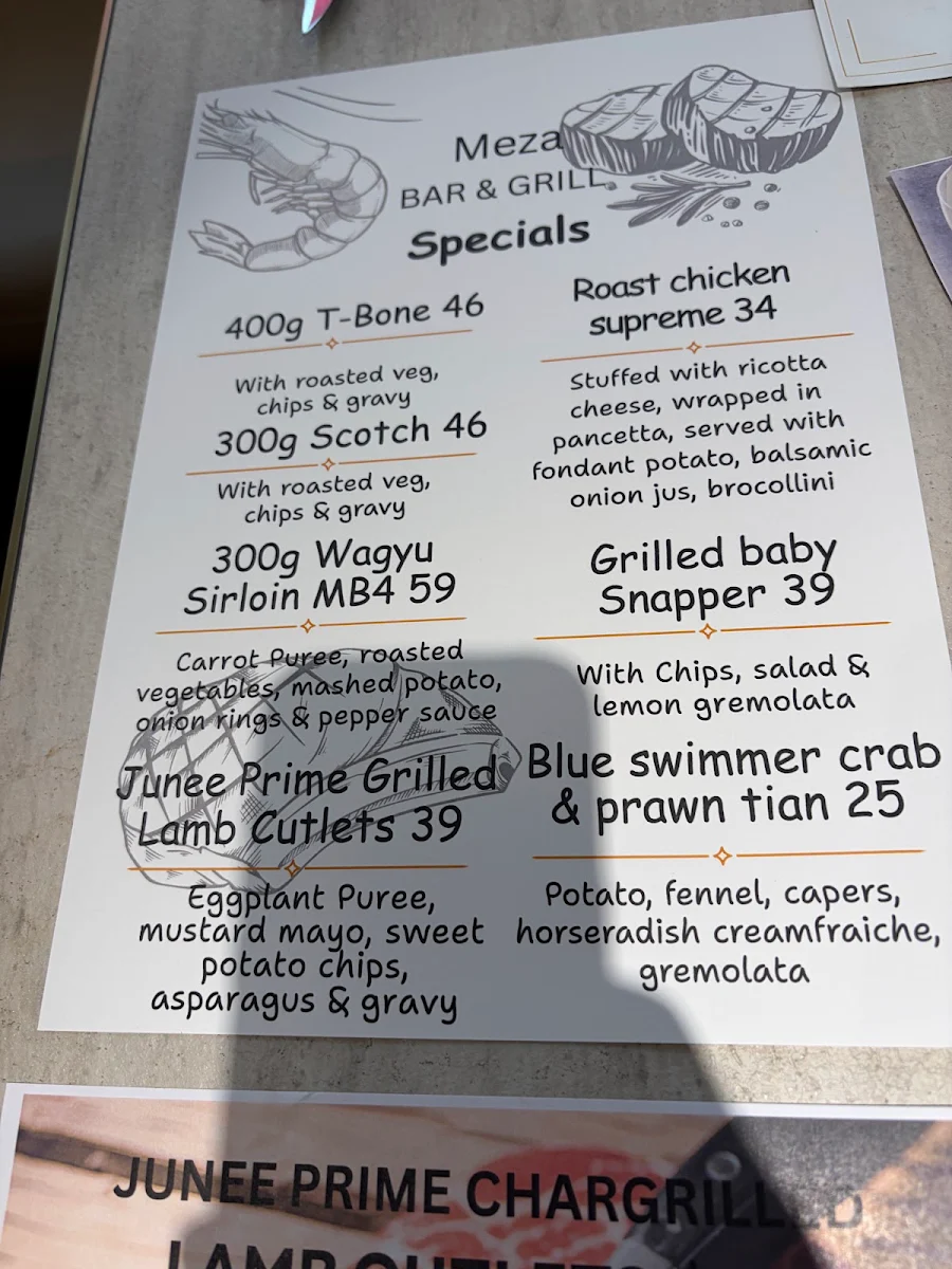 Menu, MEZA Bar and Grill