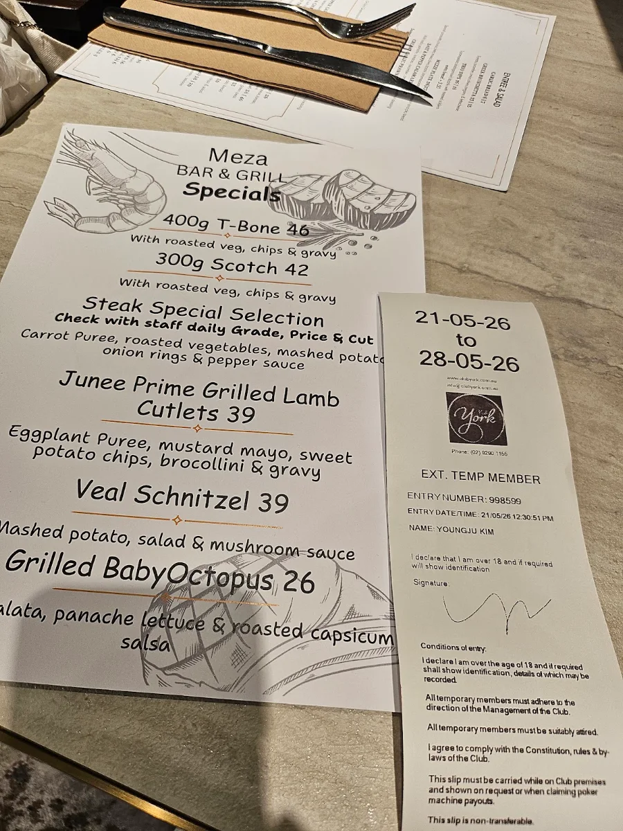 Menu, MEZA Bar and Grill