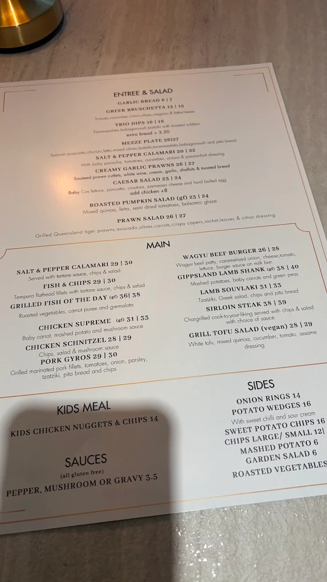 Menu, MEZA Bar and Grill