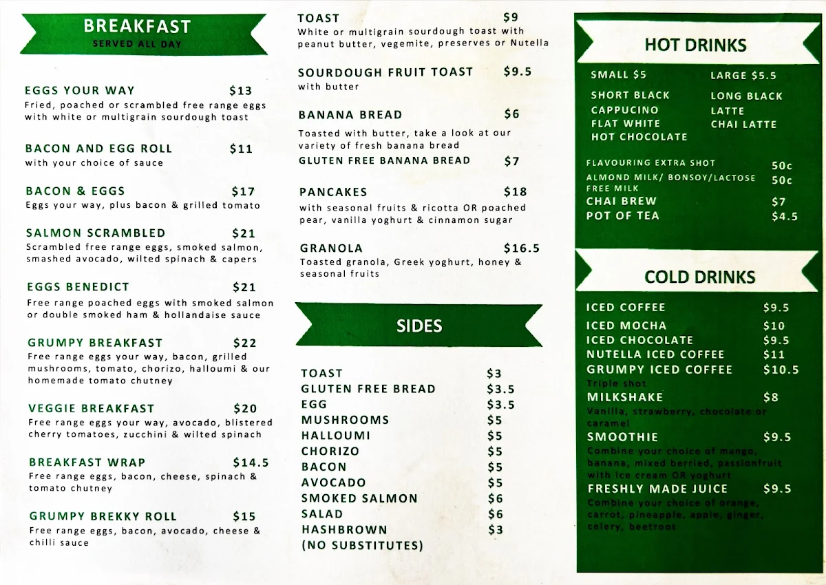 Menu, Grumpy Bean Cafe