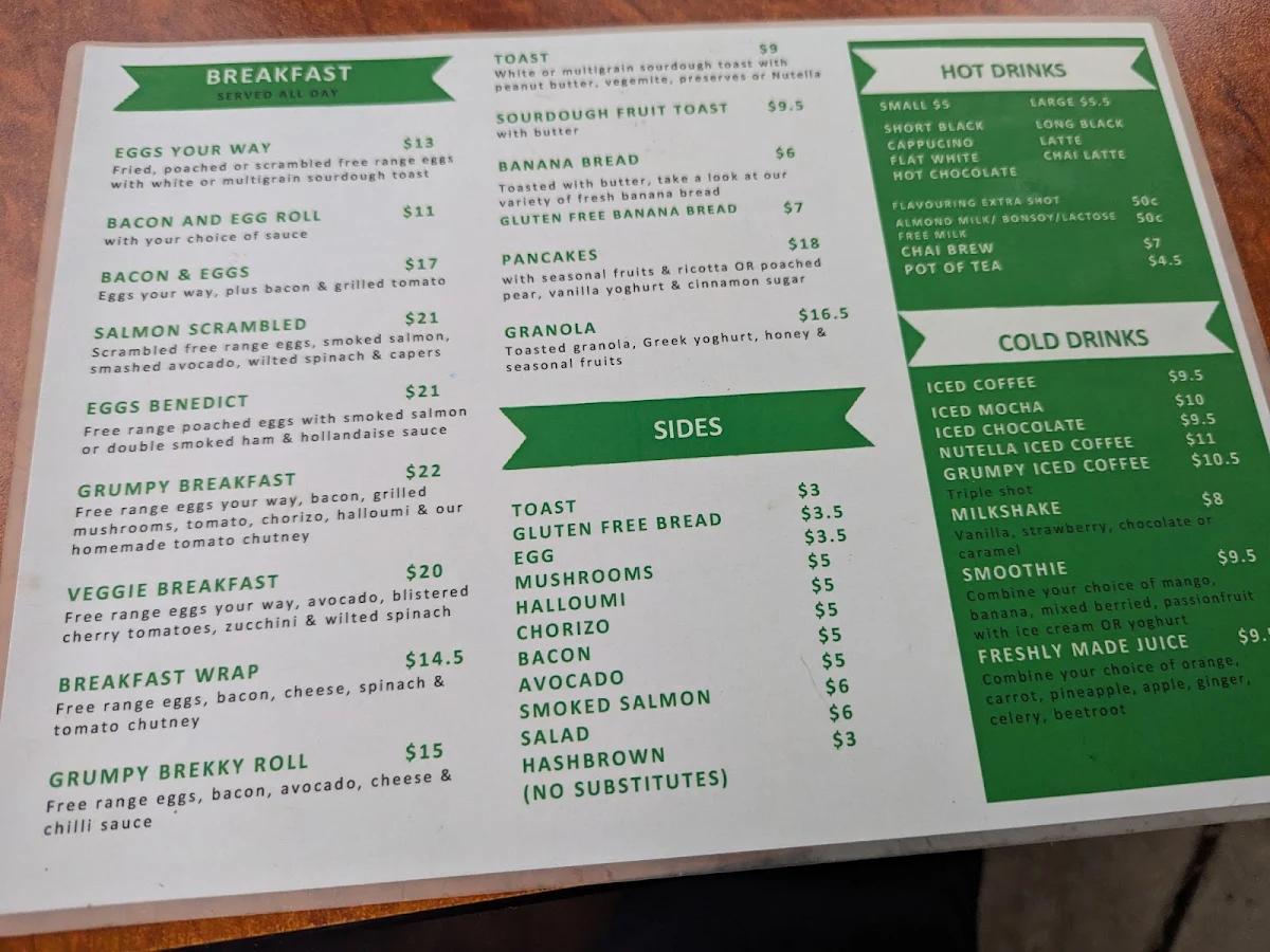 Menu, Grumpy Bean Cafe