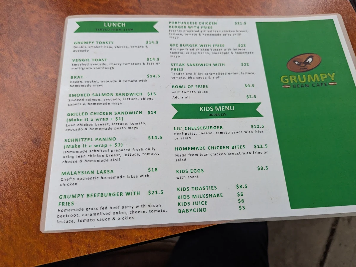 Menu, Grumpy Bean Cafe