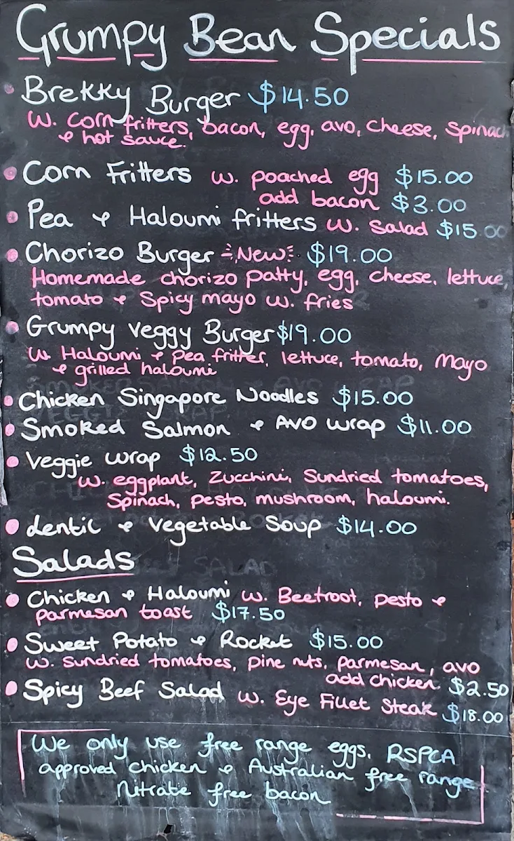 Menu, Grumpy Bean Cafe