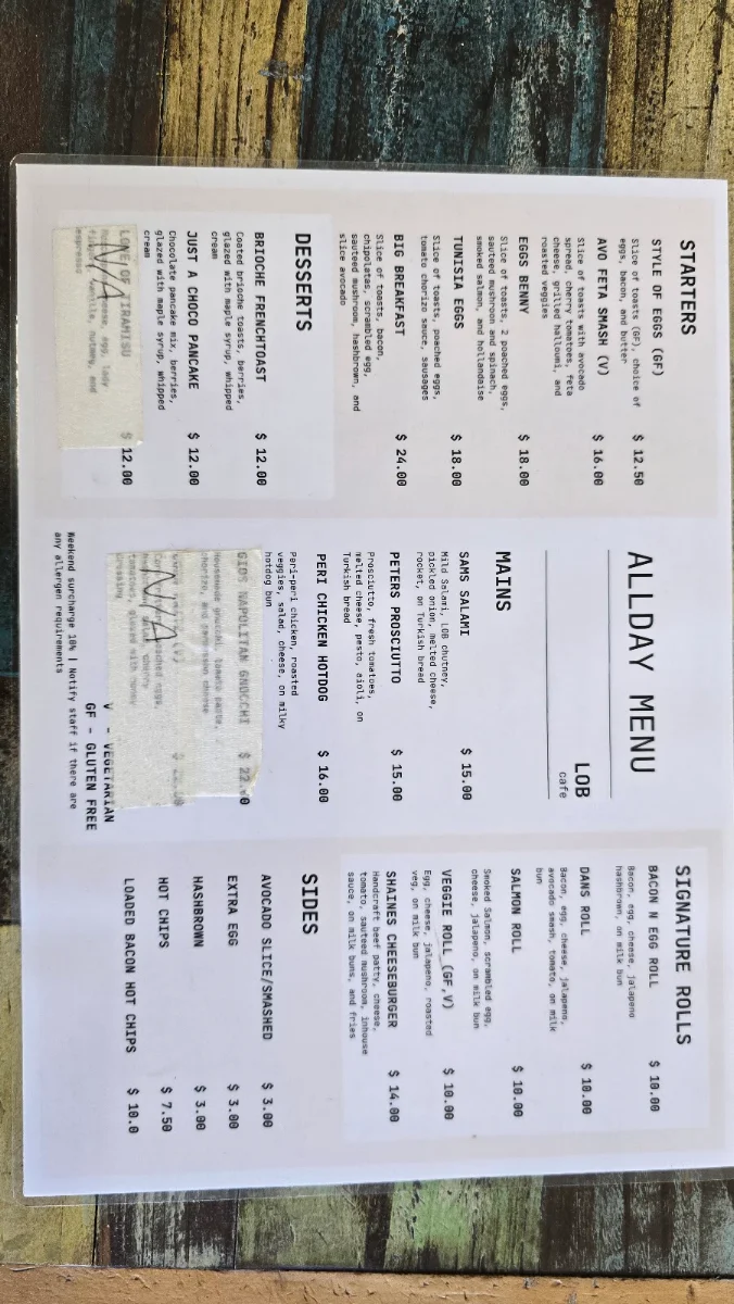 Menu, ENZE Barangaroo