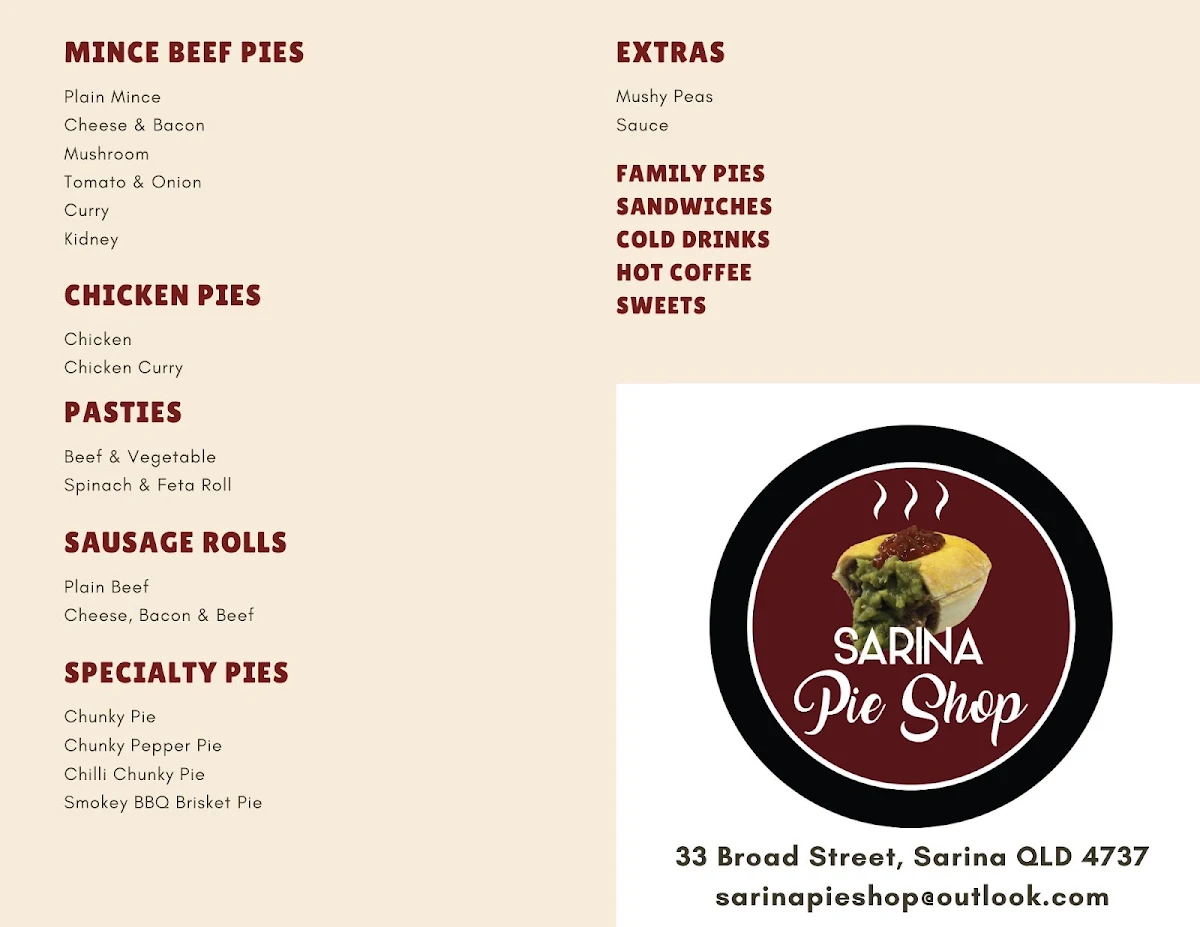 Menu, Sarina Pie Shop