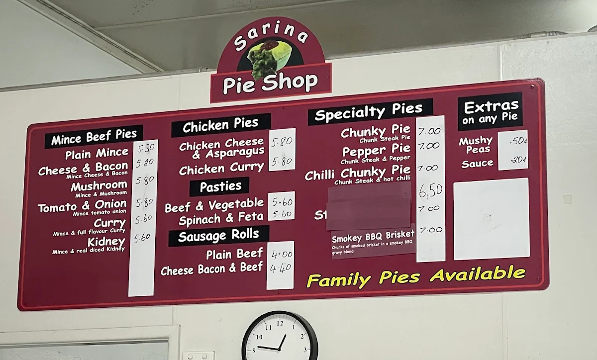 Menu, Sarina Pie Shop