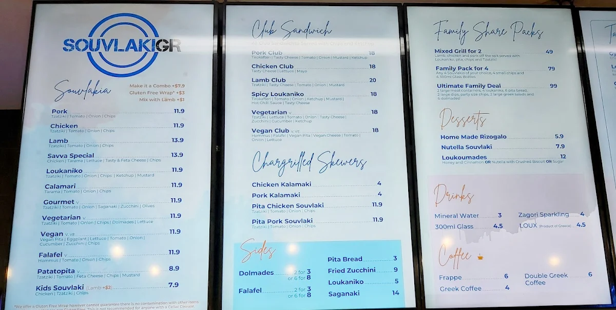 Menu, Souvlaki GR Thornbury