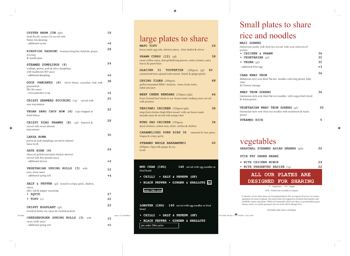 Menu, Mybella Asian